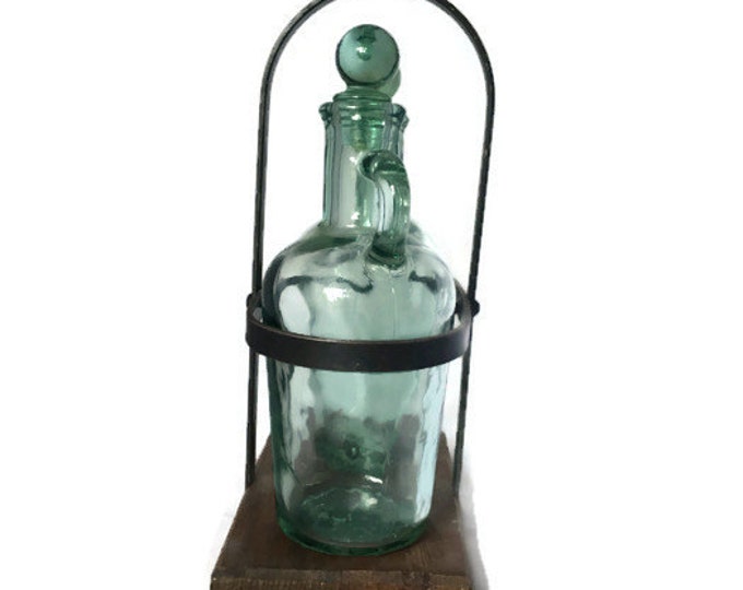 Large Green Glass Cruet Set | Wood and Iron Holder | Hand Blown Glass | Vintage Home Decor