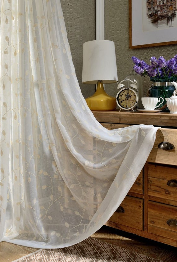 Sheer Curtain Voile Panel With Cotton Embroidery Pattern. One