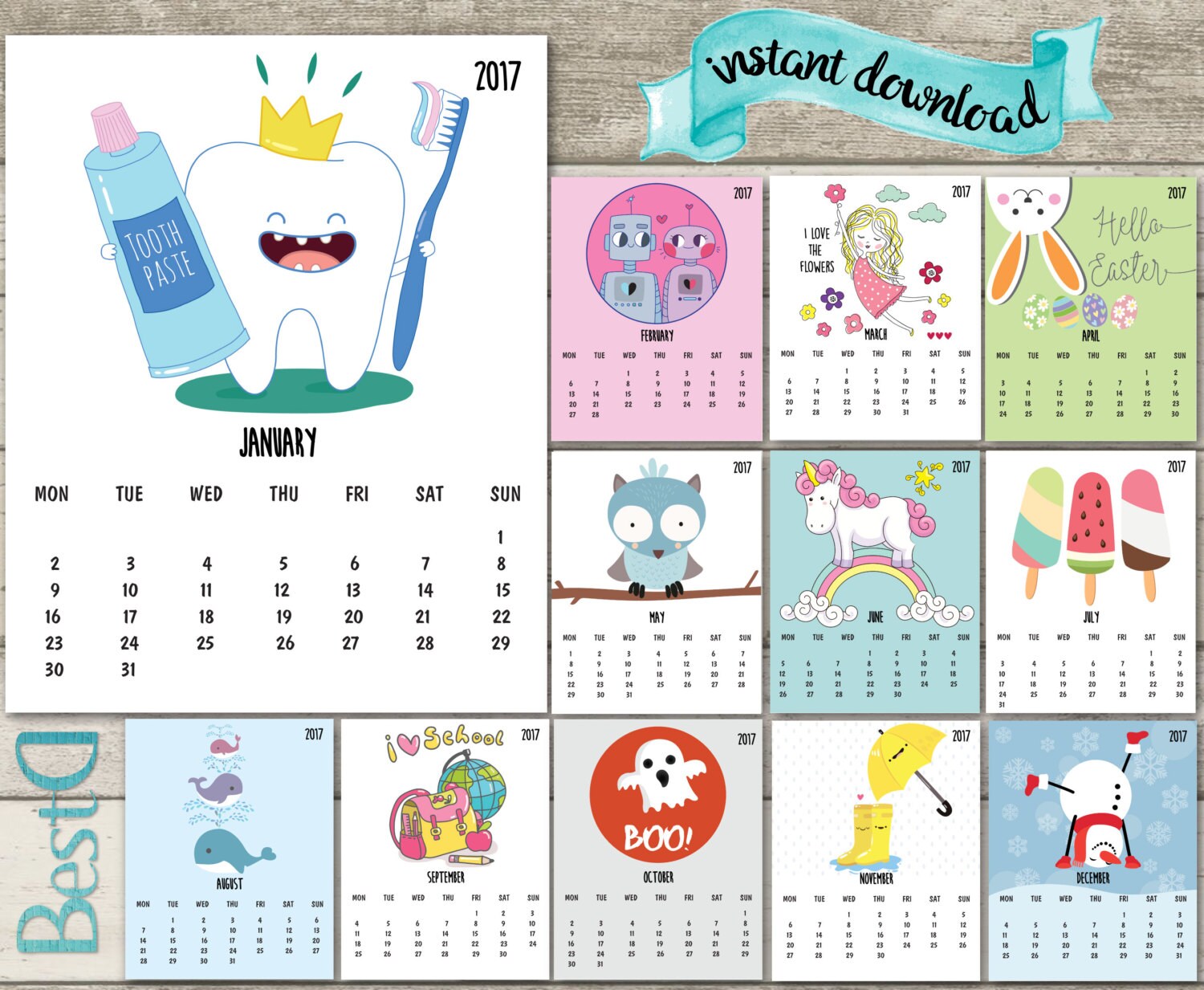 2017 Kinder Kalender 2017 lustige druckbare Kalender 12