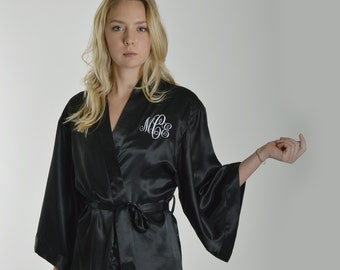 Custom satin black robe! Personalized Bridesmaid robe. Embroidered Satin robe.Kimono robe! Bachelorette party robe. Bridesmaid gift
