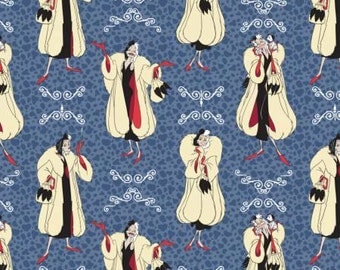 Disney's Evil Queens, Cruella Deville on Blue of 101 Dalmations cotton fabric, Camelot Fabrics