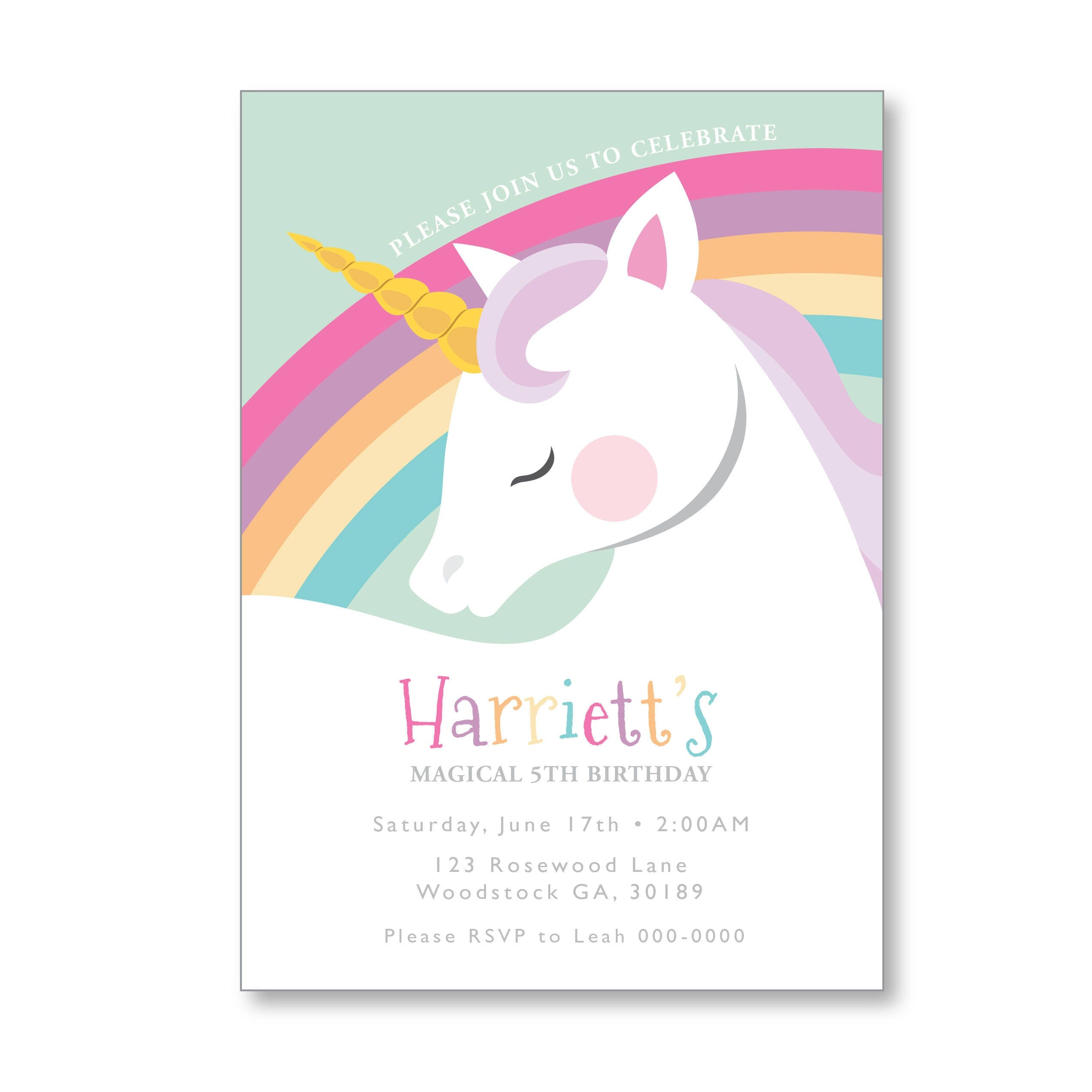 Unicorn Rainbow Birthday Invitation Printable Customized Diy Girls