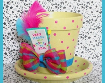 Alice in Wonderland's Tea Party Inspired Flower Pot and Saucer - Alice in Wonderland Inspired Top Hat Planter - "A Very Merry Un-Birthday"