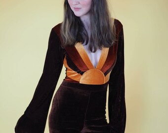 Sunrise Jumpsuit, Velvet Plunge Neck Bell bottom, Bell sleeve 70s Jumpsuit, boho