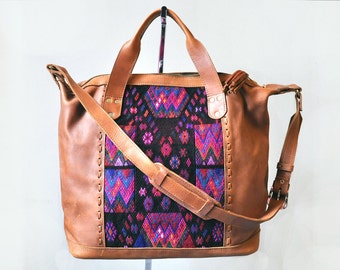 Gorgeous Dark Huipil Weekender Bag, Perfect Boho Weekender Bag, Guatemala Bag, Leather Carryall Bag, Boho Diaper Bag, Boho Carryall