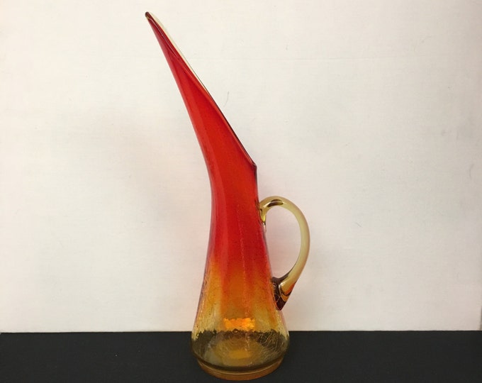 Storewide 25% Off SALE Vintage Amberina Kanawah Mid-Century Crackle Glass Beverage Pitcher Featuring Tall Eclectic Spout