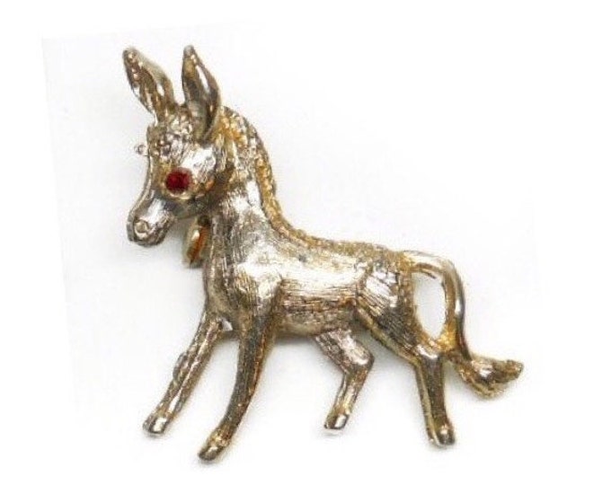 Storewide 25% Off SALE Vintage Washed Gold Tone Foal Donkey Brooch Pin Featuring Ruby Red Rhinestone Eyes With Textured Design Finish