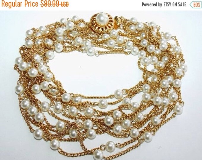 Storewide 25% Off SALE Beautiful Vintage Gold Tone Multi Stranded Flapper Necklace Featuring a Large Pearl Rosette Clasp With White Pearl Cl