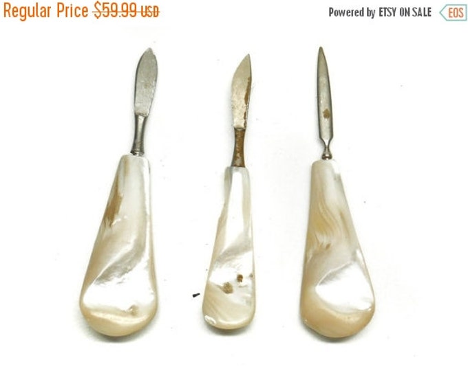Storewide 25% Off SALE Vintage Mother of Pearl Handled Silver Tone Manicure Set Featuring Bowed Handle Design