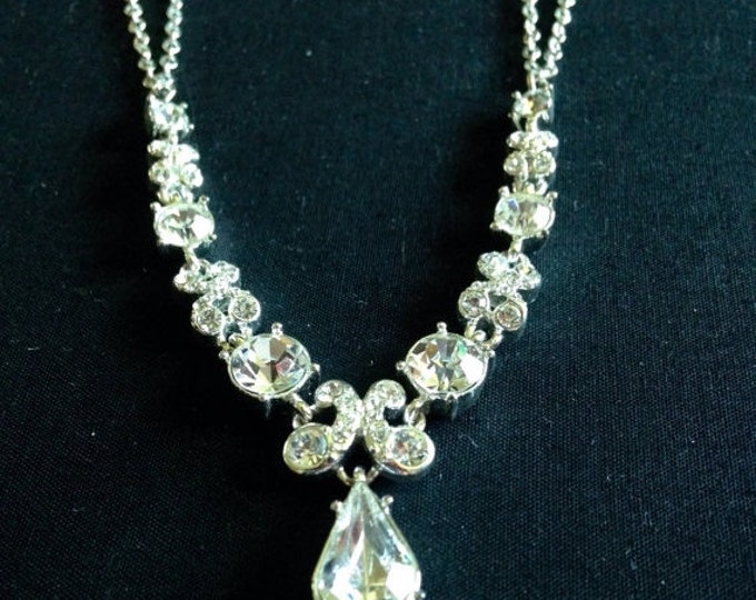 Storewide 25% Off SALE Vintage Platinum Style Teardrop Rhinestone Napier Designer Necklace Featuring Double Stranded Chain & Beautiful Butte