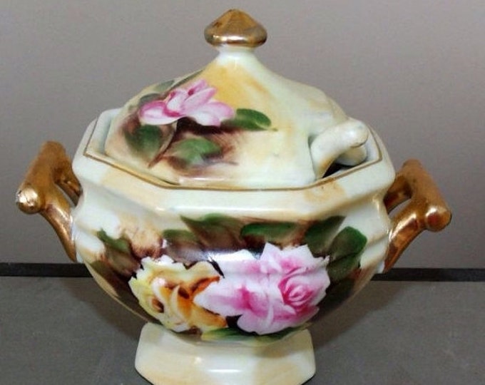 Storewide 25% Off SALE Vintage Double Handled Porcelain Lidded Condiment Jar With Matching Ladle Featuring Beautiful Hand Painted Floral Des