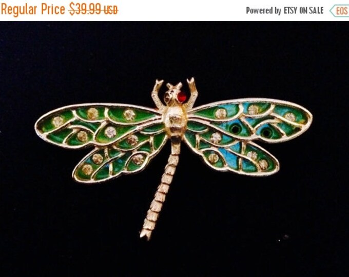 Storewide 25% Off SALE Vintage Silver Tone Emerald Green Stained Glass Style Dragonfly Brooch Featuring Clear Rhinestone Embellishments Desi