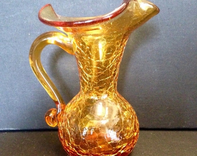 Storewide 25% Off SALE Vintage Blenko Inspired Amber Crackle Glass Petite Handled Serving Pitcher Featuring Folded Pouring Spout With Bubble