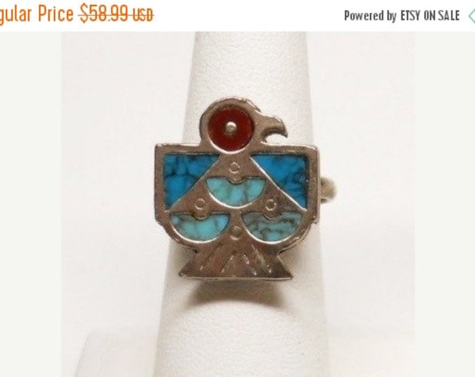 Storewide 25% Off SALE Vintage Silver Tone Faux Turquoise Native American Inspired Thunderbird Style Adjustable Cocktail Ring Featuring Sout