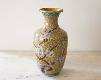 Little Yellow Cloisonné Vase with Cherry Blossoms and Birds