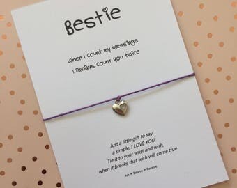 Bestie Wish Bracelet - Best Friends String Bracelet - Friendship Charm Bracelet - Silver Heart Charm Bracelet