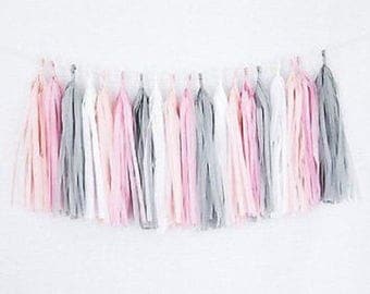 Tissue Paper Tassel Garland - Pastel pink/Vintage rose/Pale grey/White Pastel colors Birthday decorations - Baby shower - Party Centerpieces