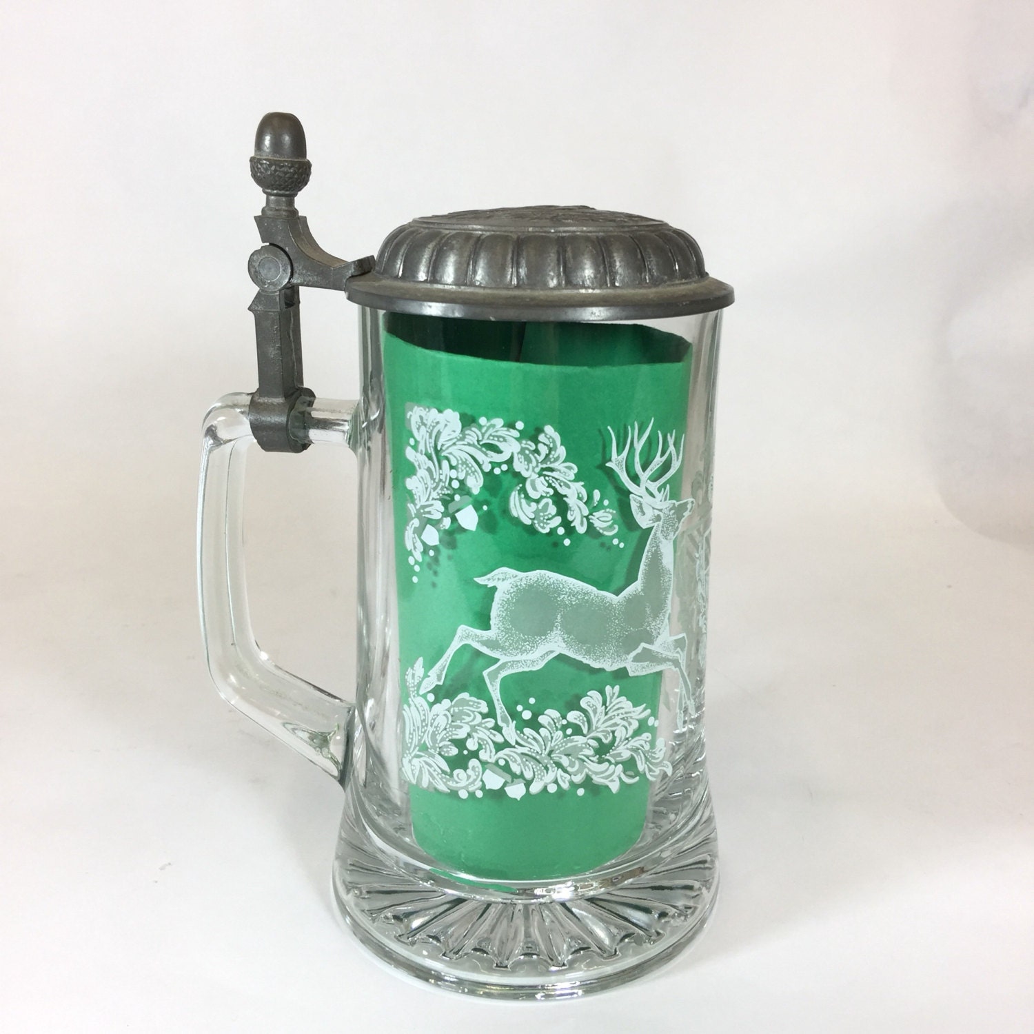 Vintage Glass Beer Stein With Buck Deer Etched Glass Vintage