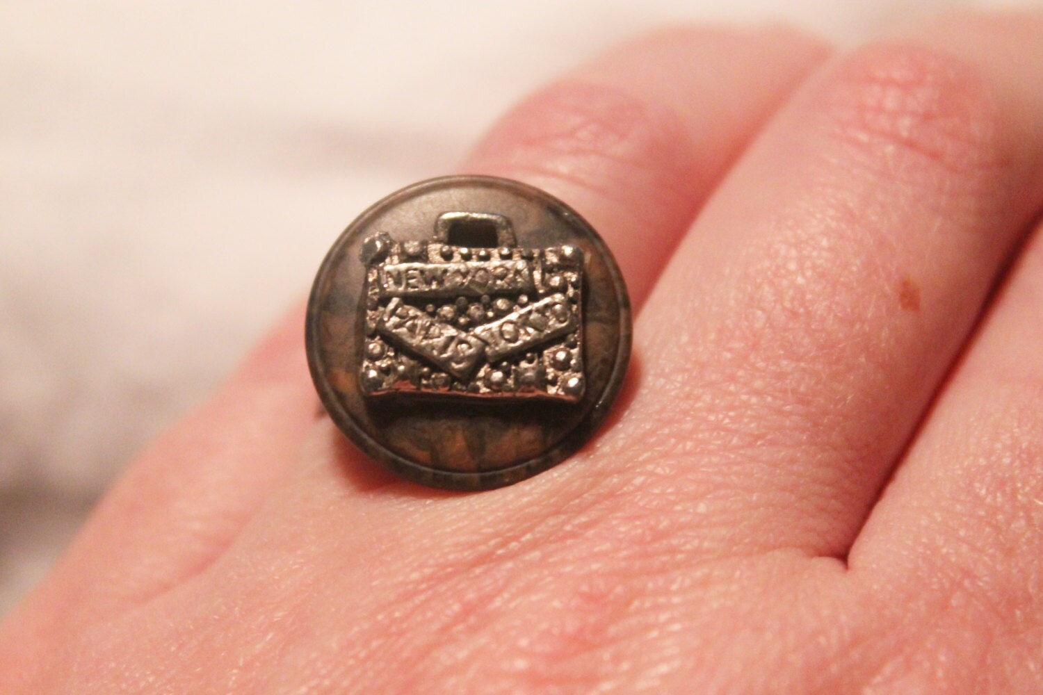 Silver Suitcase Adjustable Button Ring