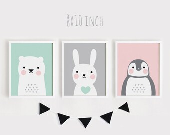 Printable Nursery Art Set of 3 Poster Baby room Wall art Kids room decor Mint Gray Pink Bear Bunny Penguin animals Print 8x10, 30x45cm