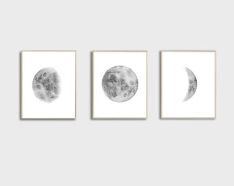 Moon Phases Prints, Set of 3 watercolor Lunar Phases Moon art Print, Grey Black Watercolor Prints Home Decor