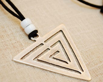 Triangle Arrow Necklace, black leather cord pendant, geometric necklace, silver big tribal pendant, everyday boho necklace, rystic style
