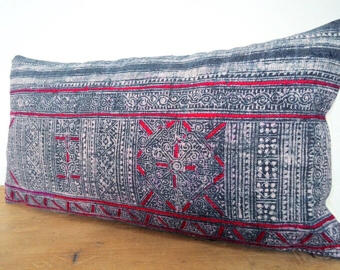 11"x 20" Vintage Indigo Hmong Hemp Pillow Cover / Exotic Textile Boho Neon Stripes Pillow Case / Ethnic Costume Textile Pillow