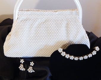 Vintage LUMARED White Beaded Handbag with Ensemble White Bead Necklace Earrings & Bracelet