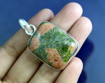 Unakite gemstone Pendant, 925 Sterling Silver Overlay Pendant, Simple Handmade Square Gemstone Jewelry 47x23mm (MJ108)
