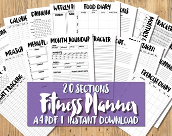 Printable A4 Fitness Planner - 20 SECTIONS - Quirky Black & White - Diet, Exercise Weight Loss Tracker Health Fitness Journal - PDF Download
