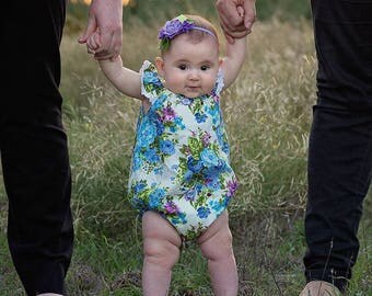 Blue & lilac Vintage Roses Playsuit, Romper, Onesie