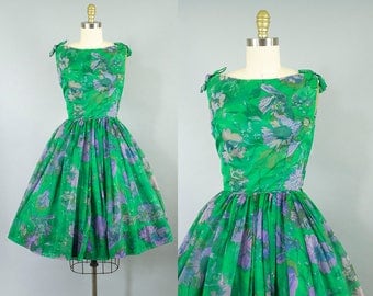 1950s chiffon party dress/ 50s green floral dress/ small