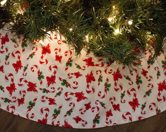 Christmas Tree Skirt-Candy Cane-Holiday Decor-Red-White-Holly-Tree Skirt-Candy