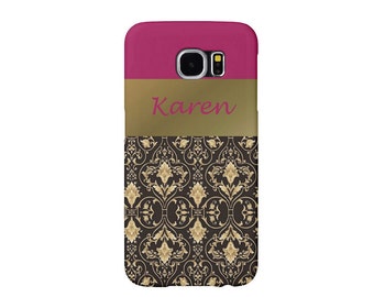 Device case for iPhone 5/5s, iPhone 6 / 6s, iPhone 7 / 7s, Samsung, Galaxy, Phone, Damask, Golden, Name, Custom, Magenta, Gift, Christmas