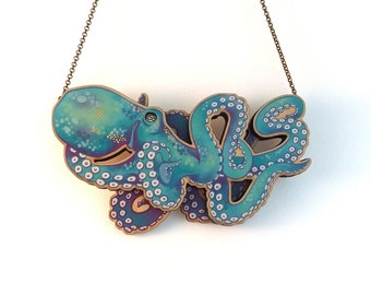 Laser Cut Teal Octopus Kraken Statement Necklace - illustrated layered wood - Tentacle Octopus Kraken Mermaid Jewellery Jewelry Gift
