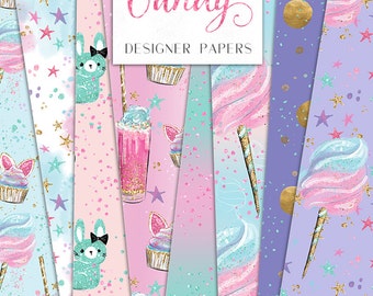 Candy Digital Papers | Sweet treats Cupcakes Bunny Confetti Glitter Easter Patterns | planner stickers, graphics resources, Fabric, glam