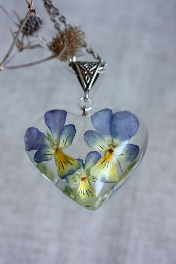 Pansies heart pendant. Pendant big heart. Transparent heart