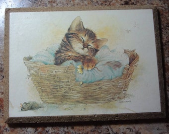Kitten Napping in a Basket Wood Plaque Giordano Art Ltd 1981 C M Paula Company