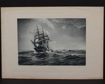 Original 1893 photogravure. 'A Gale at Sea' by L.V. Arnesen, Pinx. Gebbie & Co.