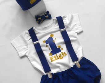 1st Birthday Outfit, Cake Smash Outfit Boy, Baby Boy Blue Cake Smash Outfit, Blue and Gold Star, Cake Smash Prop, Photoshoot Prop