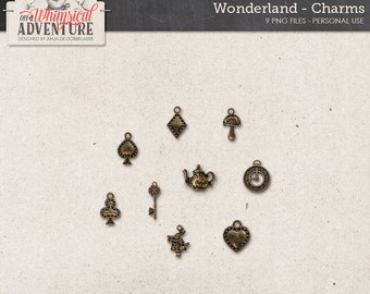 Alice In Wonderland digital scrapbooking, digital download, vintage charms, spades heart diamond, clock, white rabbit, teapot, key, mushroom