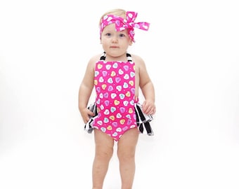 Valentines heart romper, Baby Girl Romper, pink valentines romper, black and white stripes, girls spring outfit