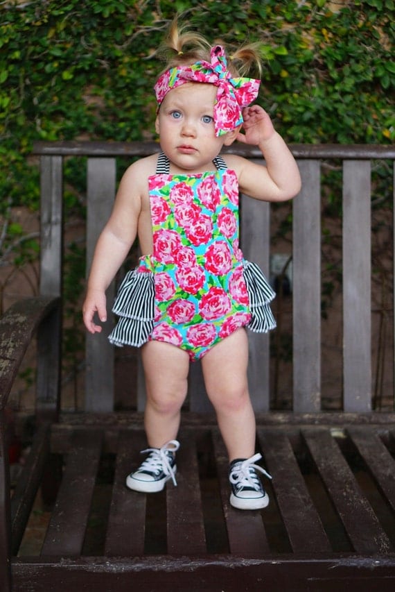 Baby Girl Rose Romper Pink Floral and Stripes romper and head