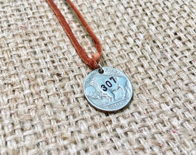Nickel Necklace, Buffalo Coin Pendant, Area Code Necklace, Buffalo Nickel Necklace, Wyoming Necklace, Stamped Necklace, Bison Necklace