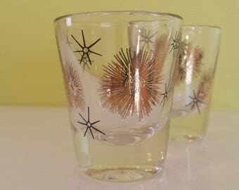 Atomic Barware Pair of Starburst Gold and Black Shot Glasses Hand Painted Beautiful Midcentury Design!
