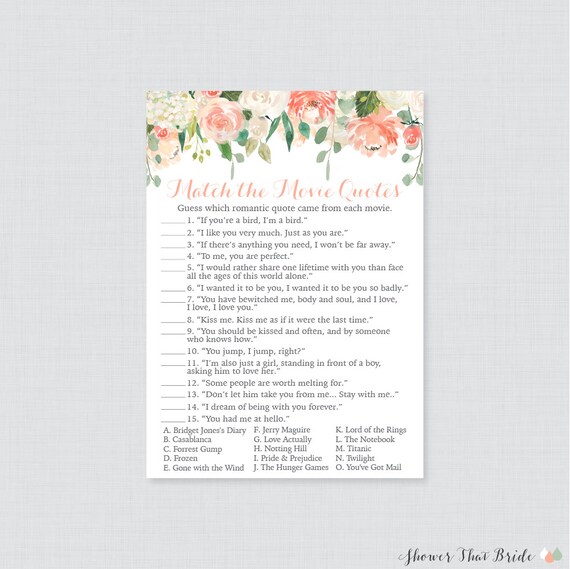 Movie Love Quote Match Game Printable Peach Floral Bridal