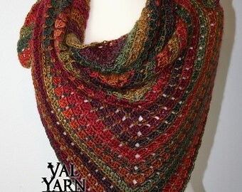 Shawl wrap cowl hand made crochet cosy soft yarn autumnal colors red orange green Thanksgiving Christmas gift for women grannies young girl