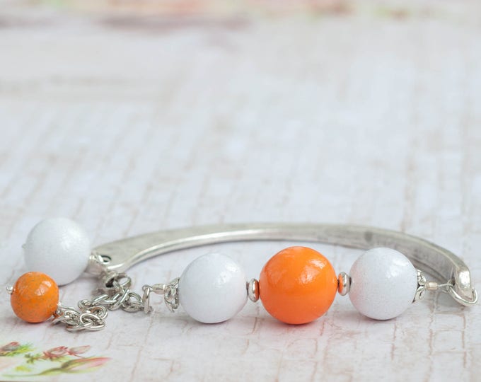 Birthday gift for women, Orange and white bracelet, Orange white jewelry, White bracelet, White bead bracelet, Birthday present for daughter