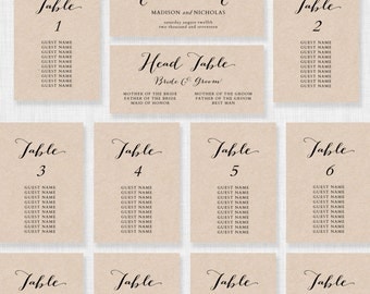 Wedding Seating Chart Template - Printable Seating Chart - Editable Table Plan - YOU edit in WORD - Rustic Seating Chart - Calligraphy style