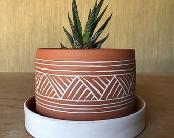 Terracotta Planter (Made to Order) - Plant Pot - Carved Geometric Pattern - Pottery by Osa - Modern - Ethnic -Minimal - Boho - Pottery by O